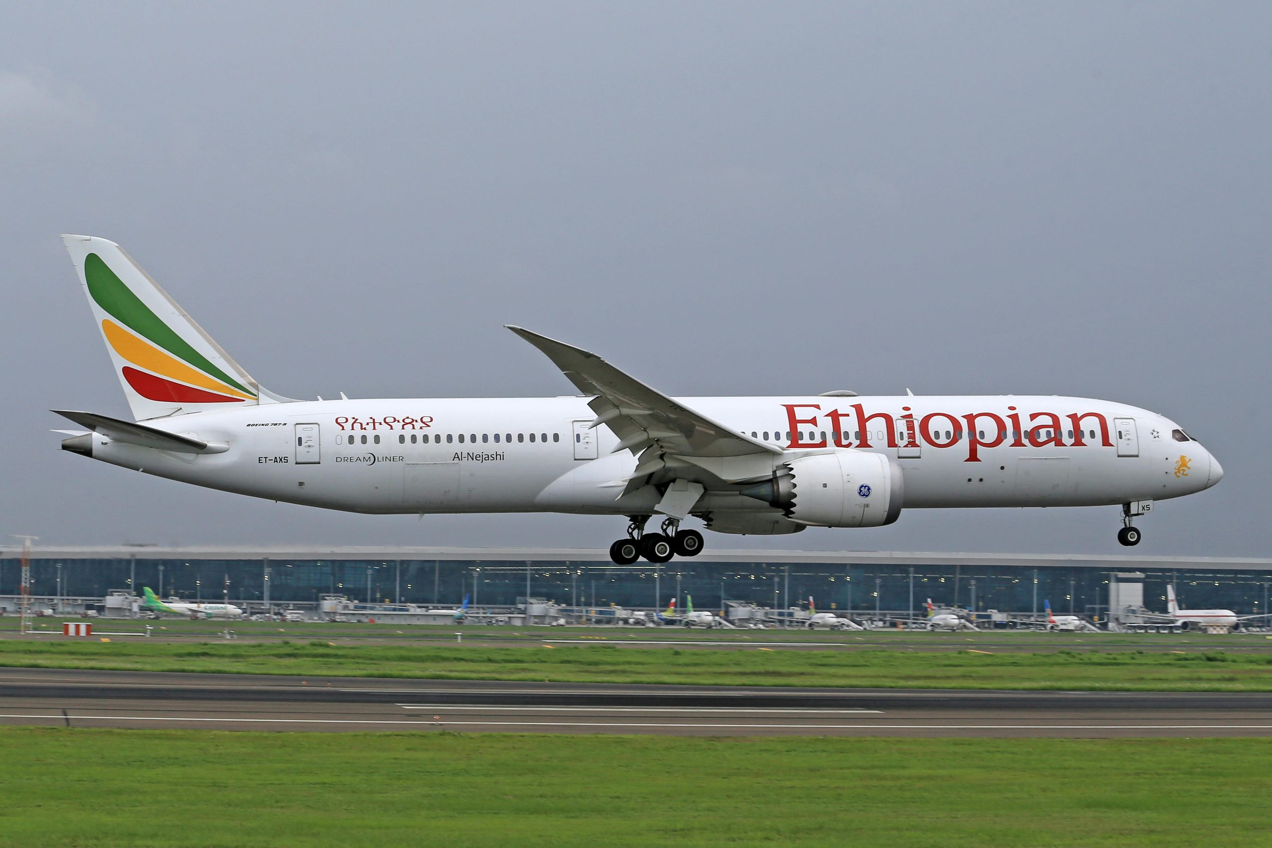 Ethiopian Airlines Boeing 787 Dreamliner lands smoothly on a runway.